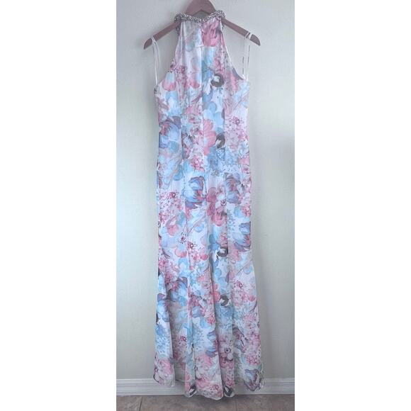 Calvin Klein Blue Floral Ruffle Halter Neckline Sleeveless Maxi Dress 4 Wedding - Picture 4 of 11